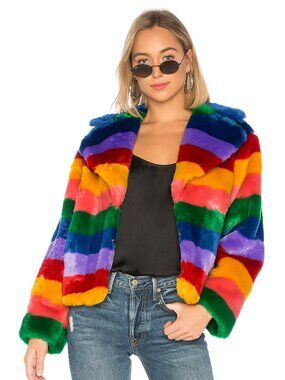 ALICE + OLIVIA Thora Rainbow Striped Faux Fur Cropped Jacket Coat, Size XS